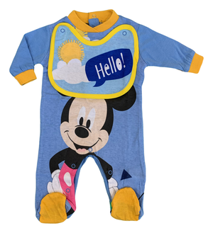 Tutina Lunga con Piedini + Bavetto Mickey Mouse DISNEY Topolino 100% Cotone 0/6 Mesi - Mic1728/2