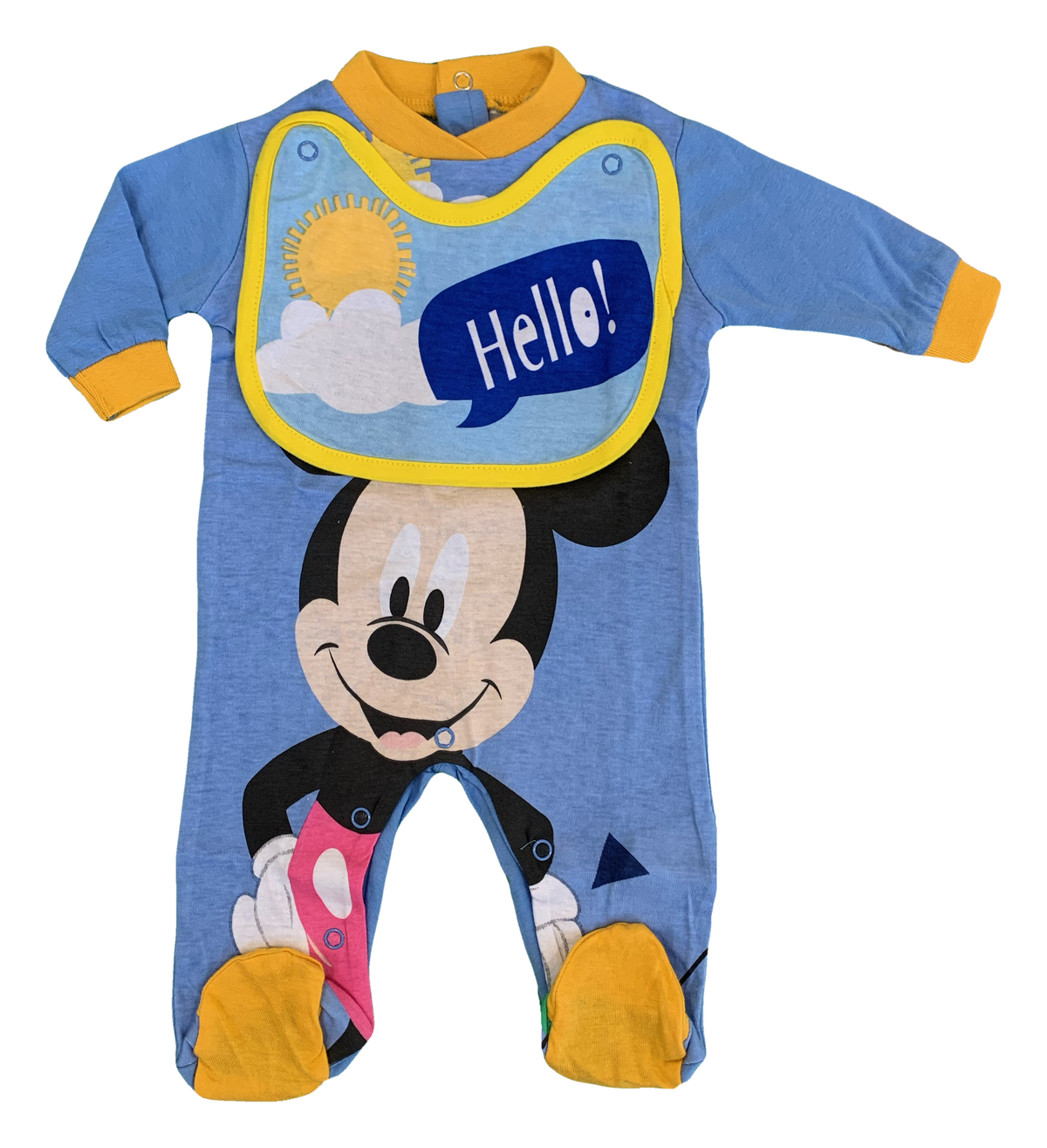 Tutina Lunga con Piedini + Bavetto Mickey Mouse DISNEY Topolino 100% Cotone 0/6 Mesi - Mic1728/2