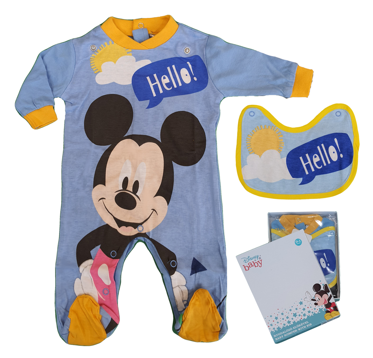 Tutina Lunga con Piedini + Bavetto Mickey Mouse DISNEY Topolino 100% Cotone 0/6 Mesi - Mic1728/2