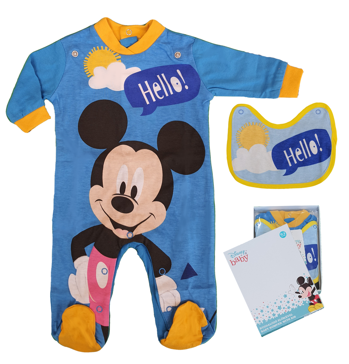 Tutina Lunga con Piedini + Bavetto Mickey Mouse DISNEY Topolino 100% Cotone 0/6 Mesi - Mic1728/3