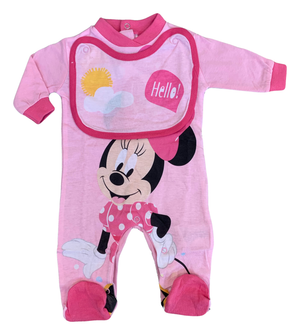 Tutina Lunga con Piedini + Bavetto Minnie Mouse DISNEY 100% Cotone 0/6 Mesi - Min1729/1