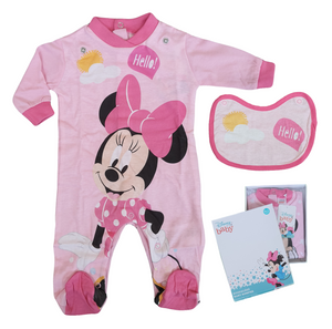 Tutina Lunga con Piedini + Bavetto Minnie Mouse DISNEY 100% Cotone 0/6 Mesi - Min1729/1