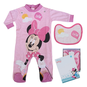 Tutina Lunga con Piedini + Bavetto Minnie Mouse DISNEY 100% Cotone 0/6 Mesi - Min1729/2