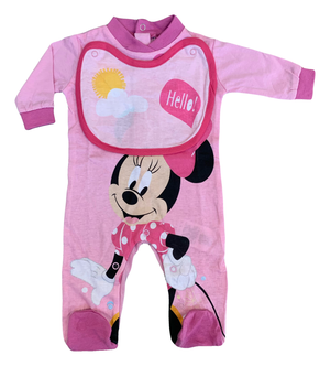 Tutina Lunga con Piedini + Bavetto Minnie Mouse DISNEY 100% Cotone 0/6 Mesi - Min1729/2