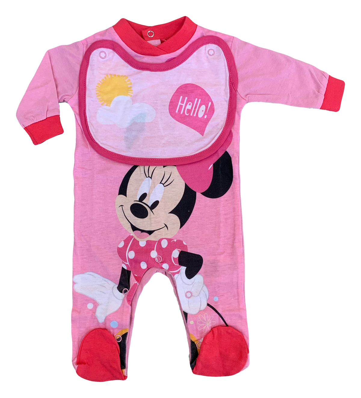 Tutina Lunga con Piedini + Bavetto Minnie Mouse DISNEY 100% Cotone 0/6 Mesi - Min1729/3