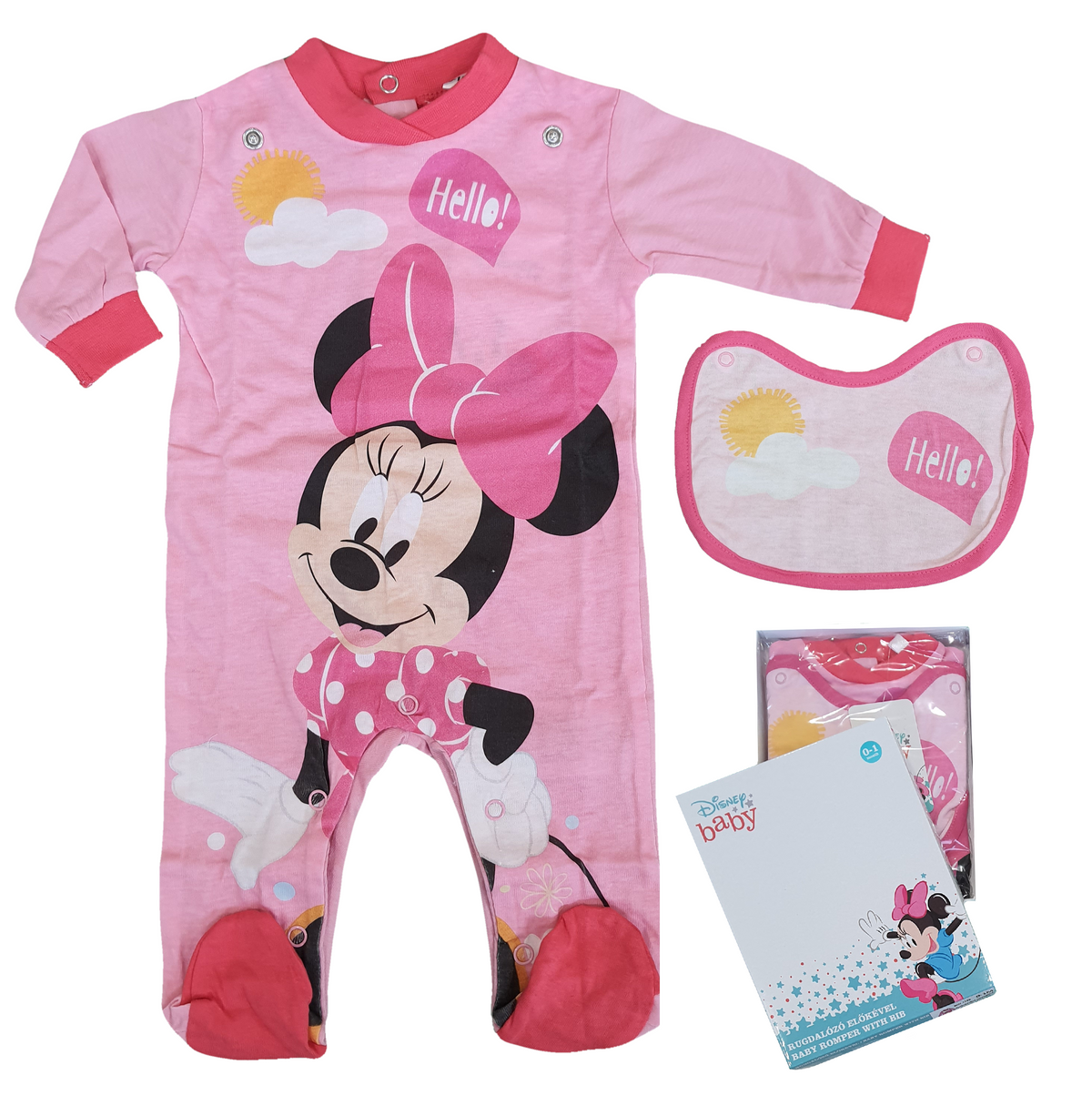 Tutina Lunga con Piedini + Bavetto Minnie Mouse DISNEY 100% Cotone 0/6 Mesi - Min1729/3