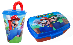 Set Super Mario Videogioco Luigi Peach Yoshi Toad Bicchiere con Cannuccia + Portamerenda Bpa Free - Supermario21/2pz