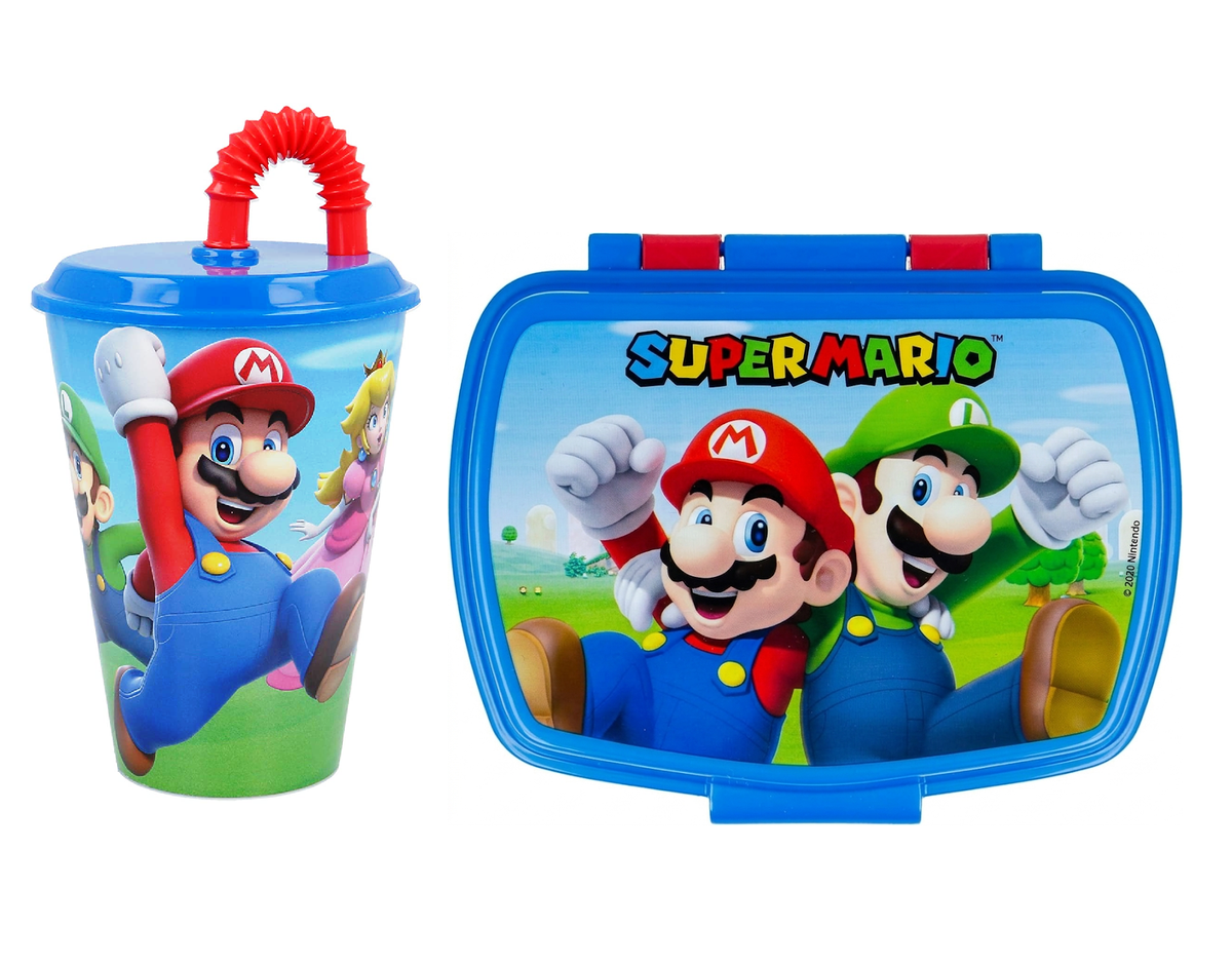 Set Super Mario Videogioco Luigi Peach Yoshi Toad Bicchiere con Cannuccia + Portamerenda Bpa Free - Supermario21/2pz