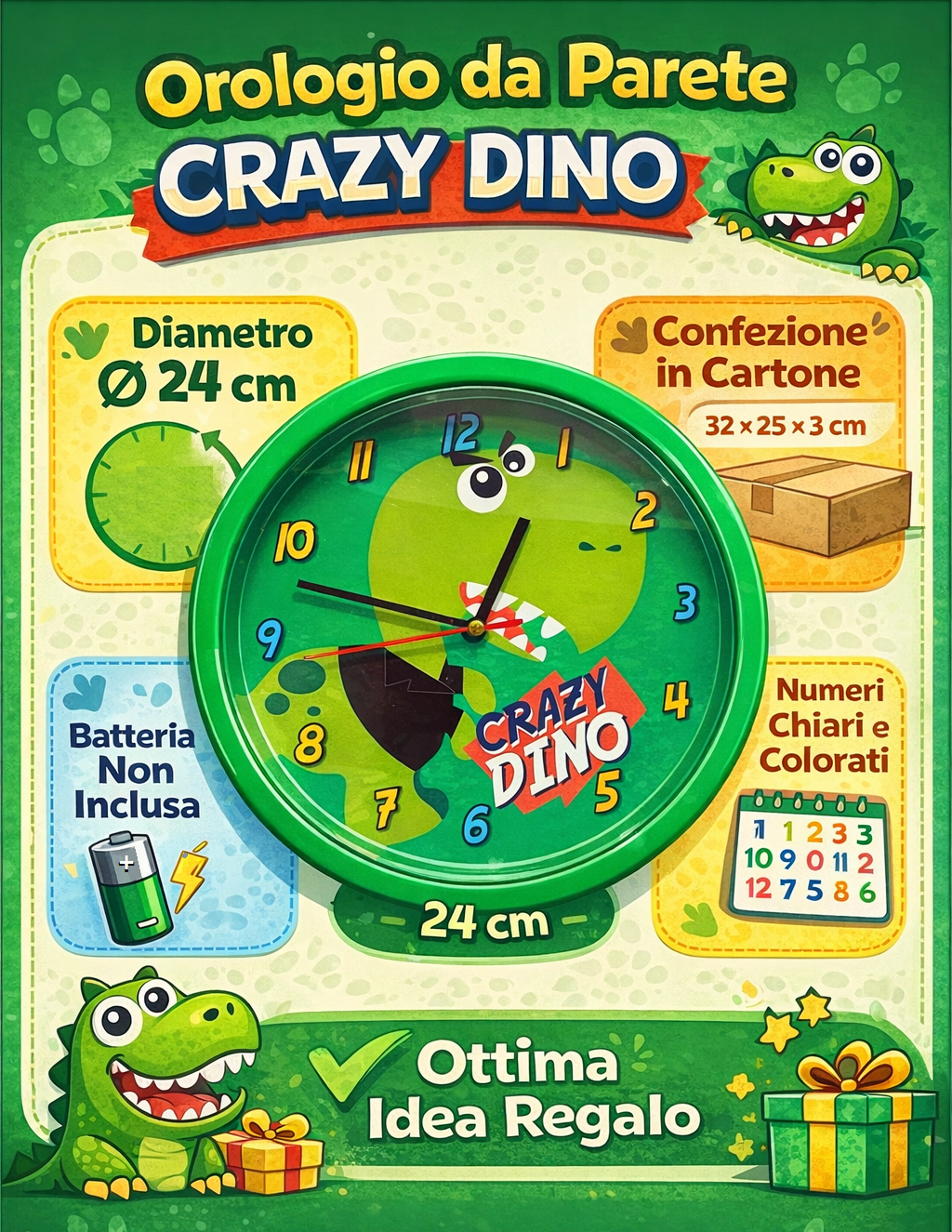 Orologio Crazy Dino Dinosauri da Parete Diametro Cm. 24 - Kl10770