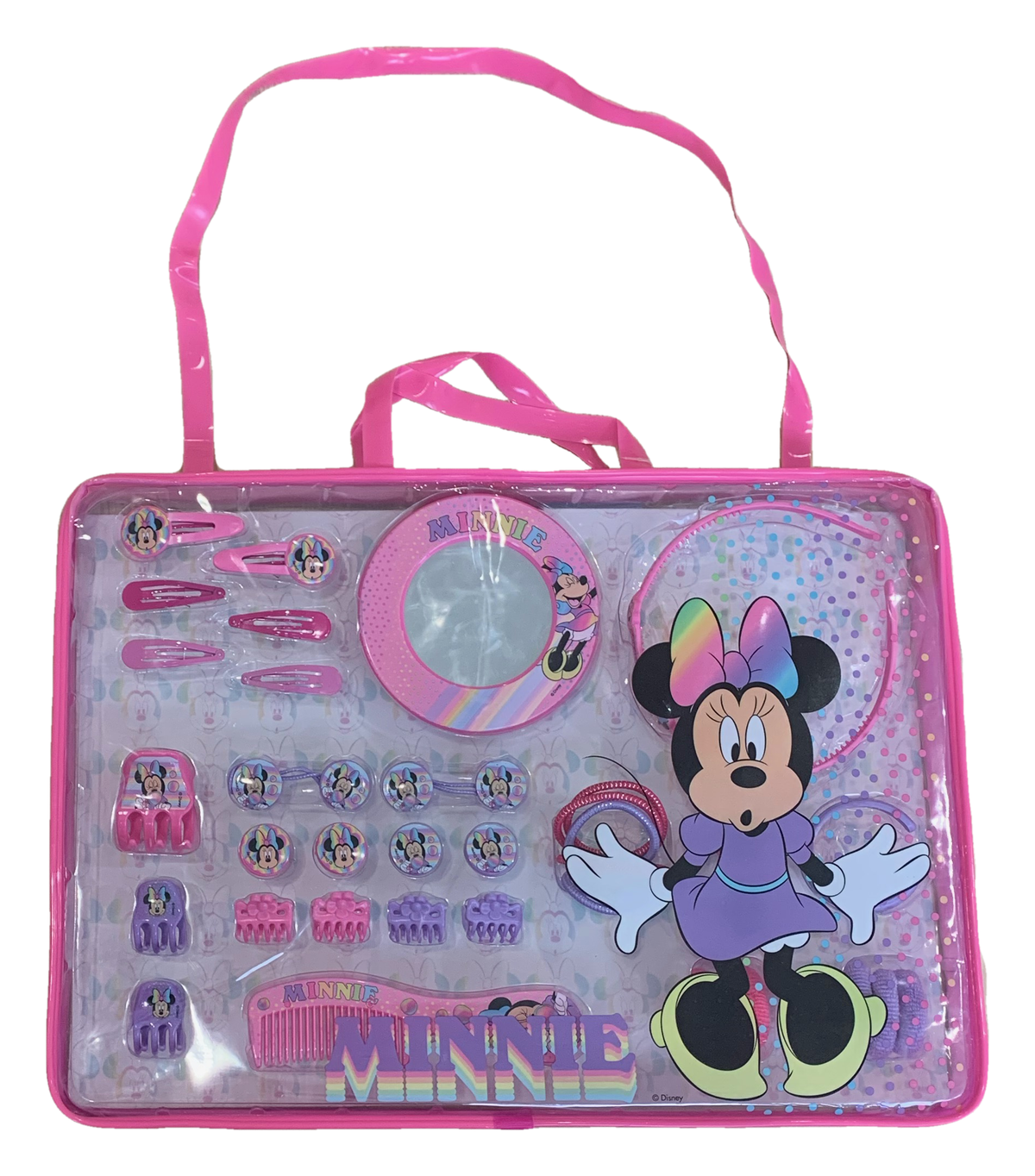 Accessori Capelli Minnie Mouse DISNEY Cerchietto Codini Elastici Click Clack Anelli Pinze Specchio Bracciale Pettine con Borsa PVC - Wd21602