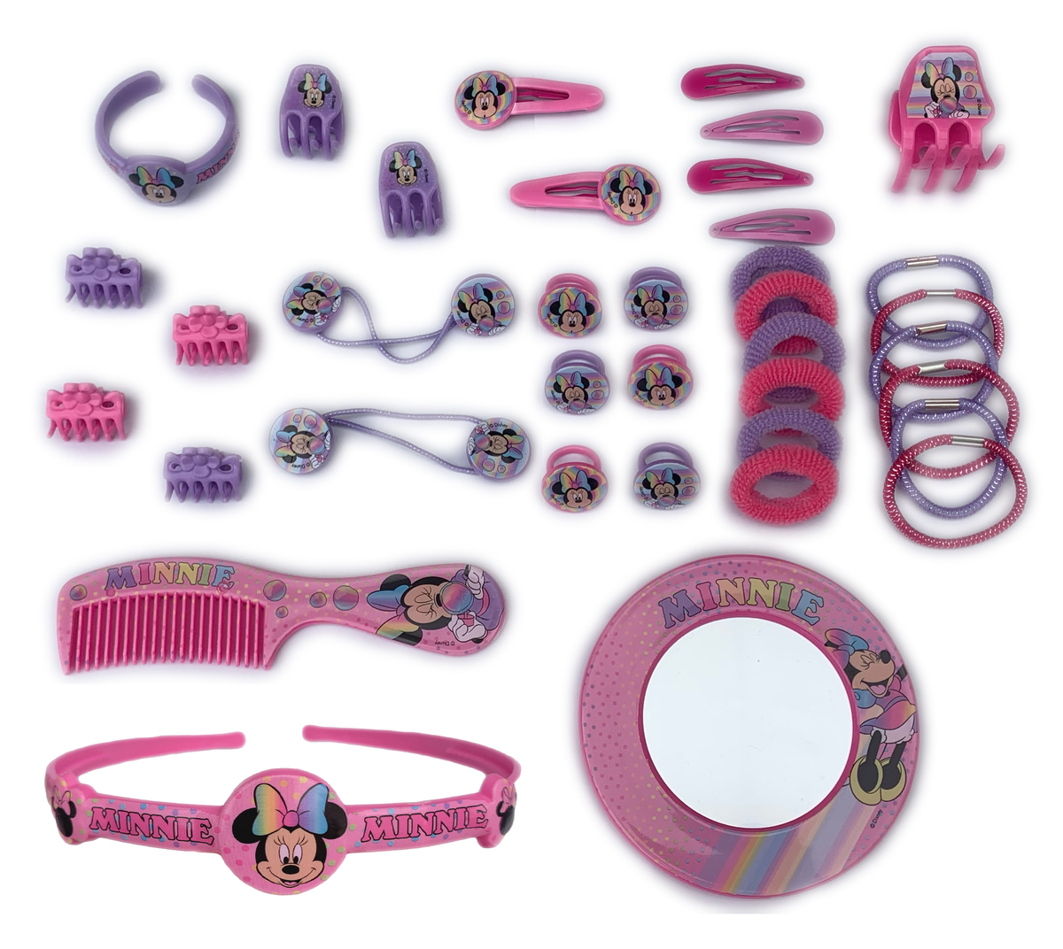 Accessori Capelli Minnie Mouse DISNEY Cerchietto Codini Elastici Click Clack Anelli Pinze Specchio Bracciale Pettine con Borsa PVC - Wd21602