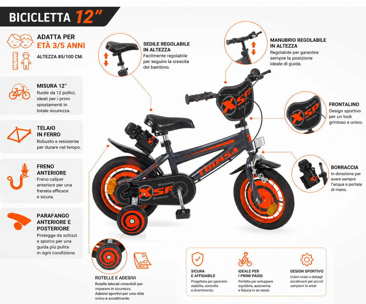Bicicletta Xsp Toimsa 12" Età 3/5 Anni con Rotelle - 12146