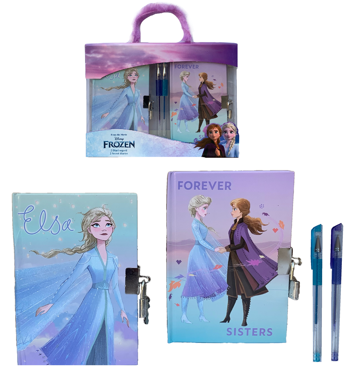 Set 2 Diari Segreti con Lucchetto Frozen DISNEY Elsa Anna + 2 Penne in Confezione Regalo - Fr0754