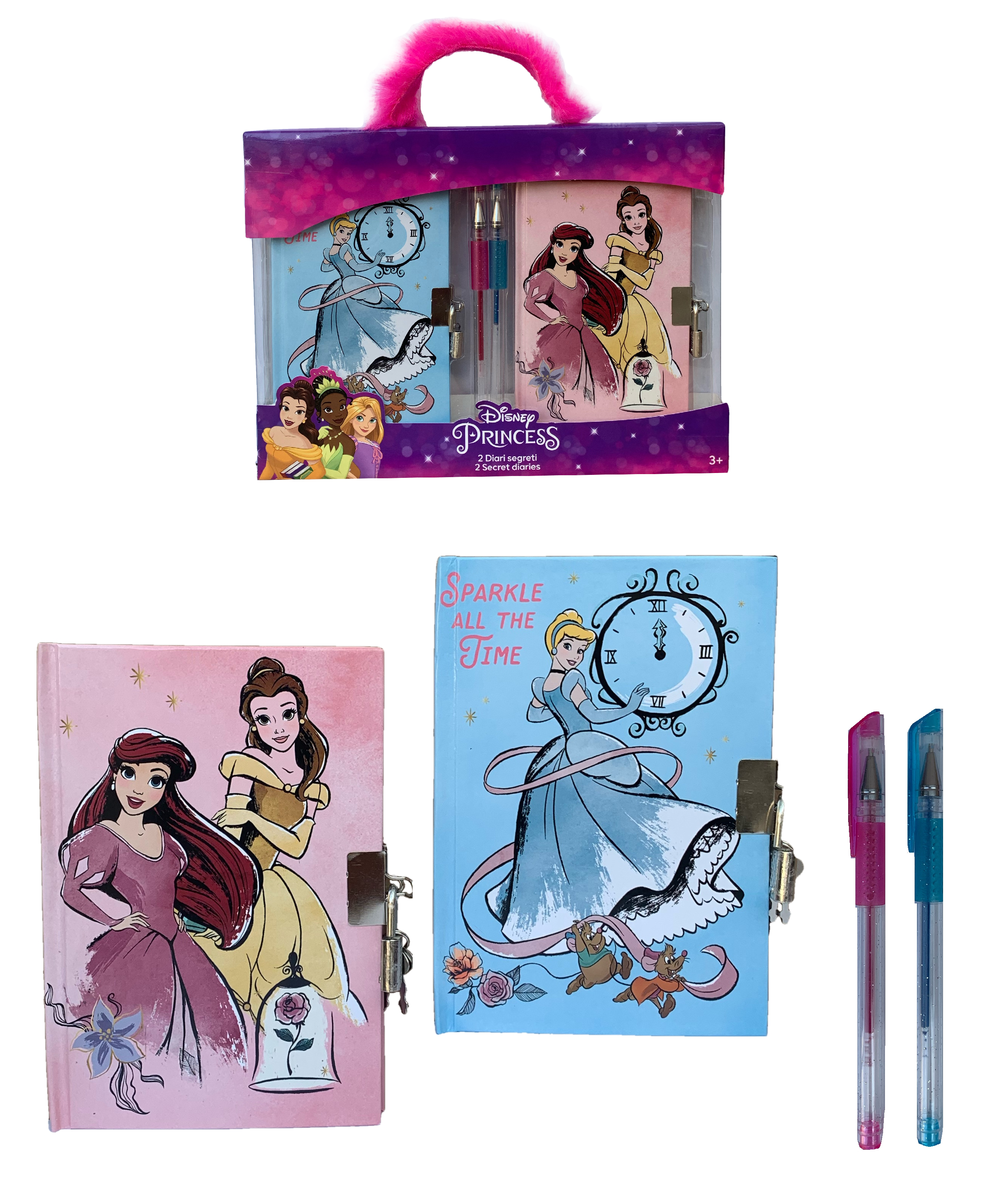 Set 2 Diari Segreti con Lucchetto Principesse DISNEY Aurora Cenerentola Belle + 2 Penne in Confezione Regalo - Pr0754