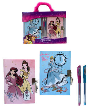 Set 2 Diari Segreti con Lucchetto Principesse DISNEY Aurora Cenerentola Belle + 2 Penne in Confezione Regalo - Pr0754