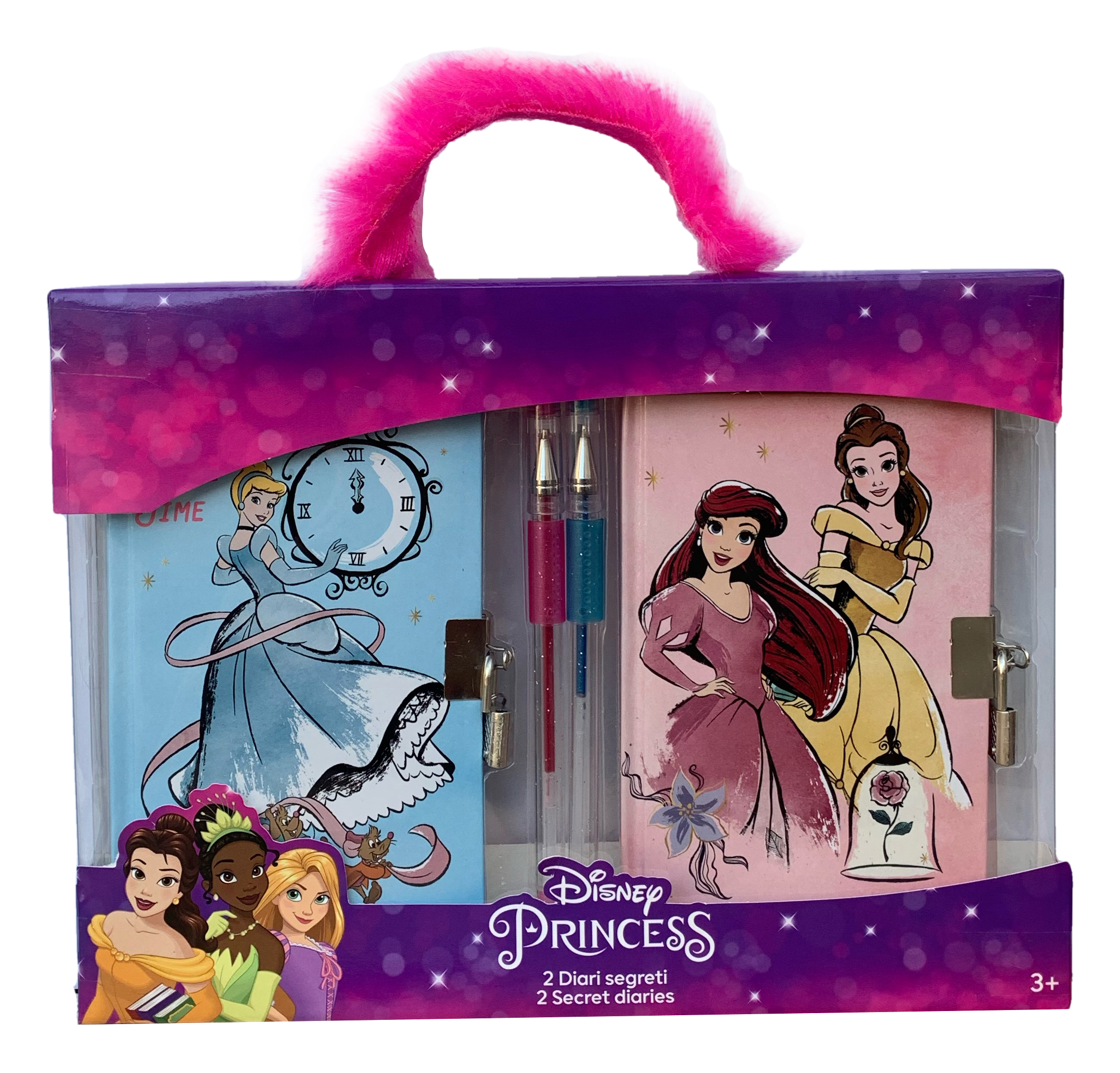 Set 2 Diari Segreti con Lucchetto Principesse DISNEY Aurora Cenerentola Belle + 2 Penne in Confezione Regalo - Pr0754