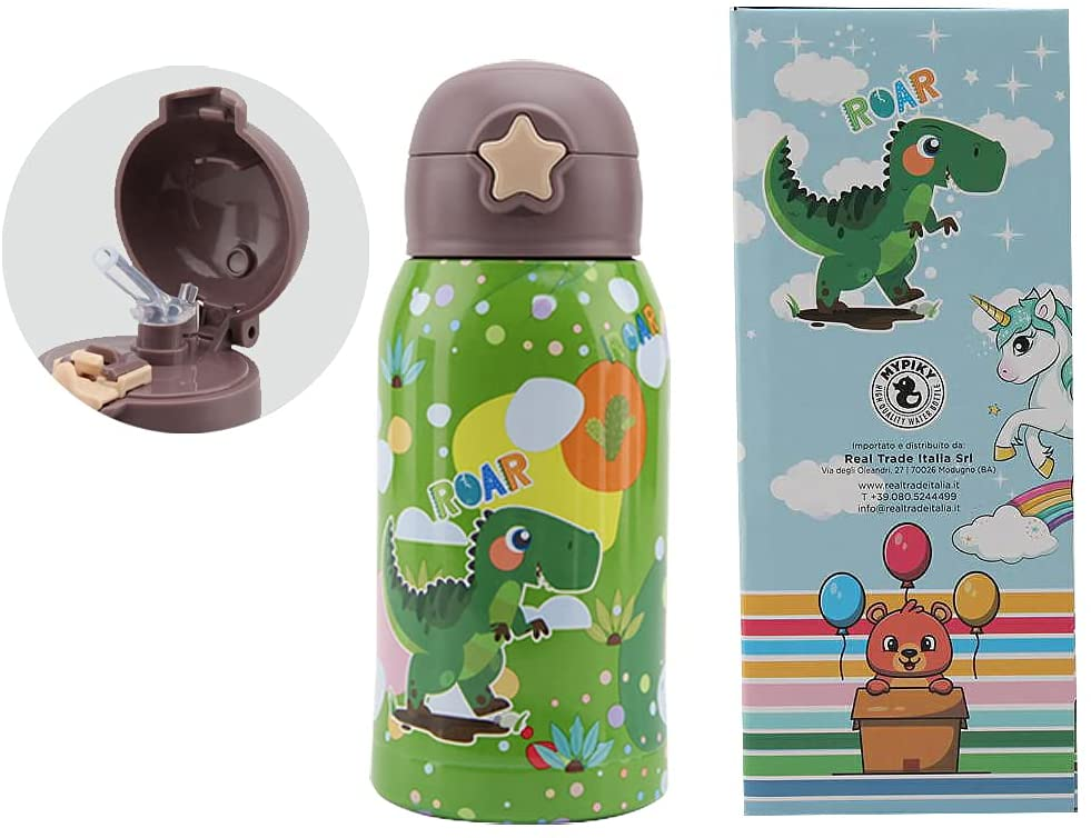 Borraccia Termica con Cannuccia Dinosauri 500 Ml in Acciaio Apertura Automatica - Mpbb01dinosauro