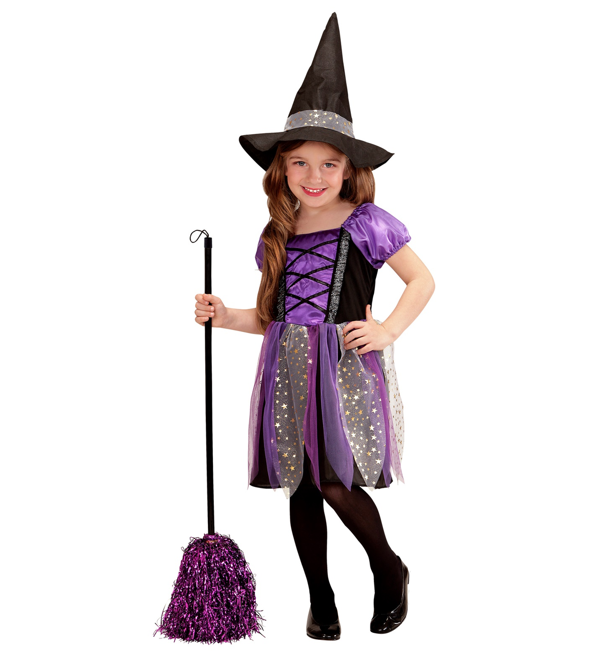 Vestito Carnevale + Accessori Strega Vestito Cappello Scopa in Fili di Lamè Halloween Bambina 4/5 Anni - 0026+52776