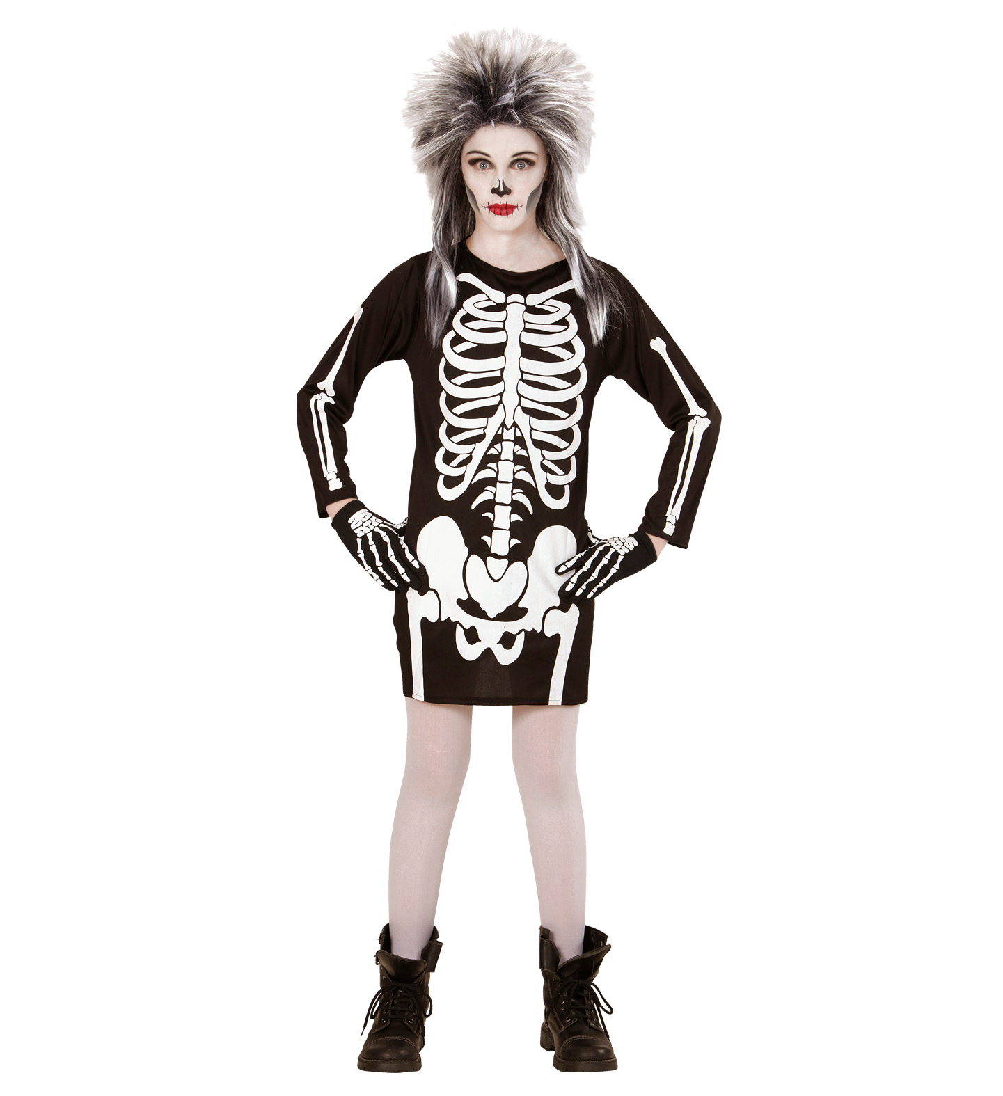 Vestito Carnevale + Accessori Scheletro Vestito Calze e Guanti da Scheletro Travestimento Halloween 5/7 Anni