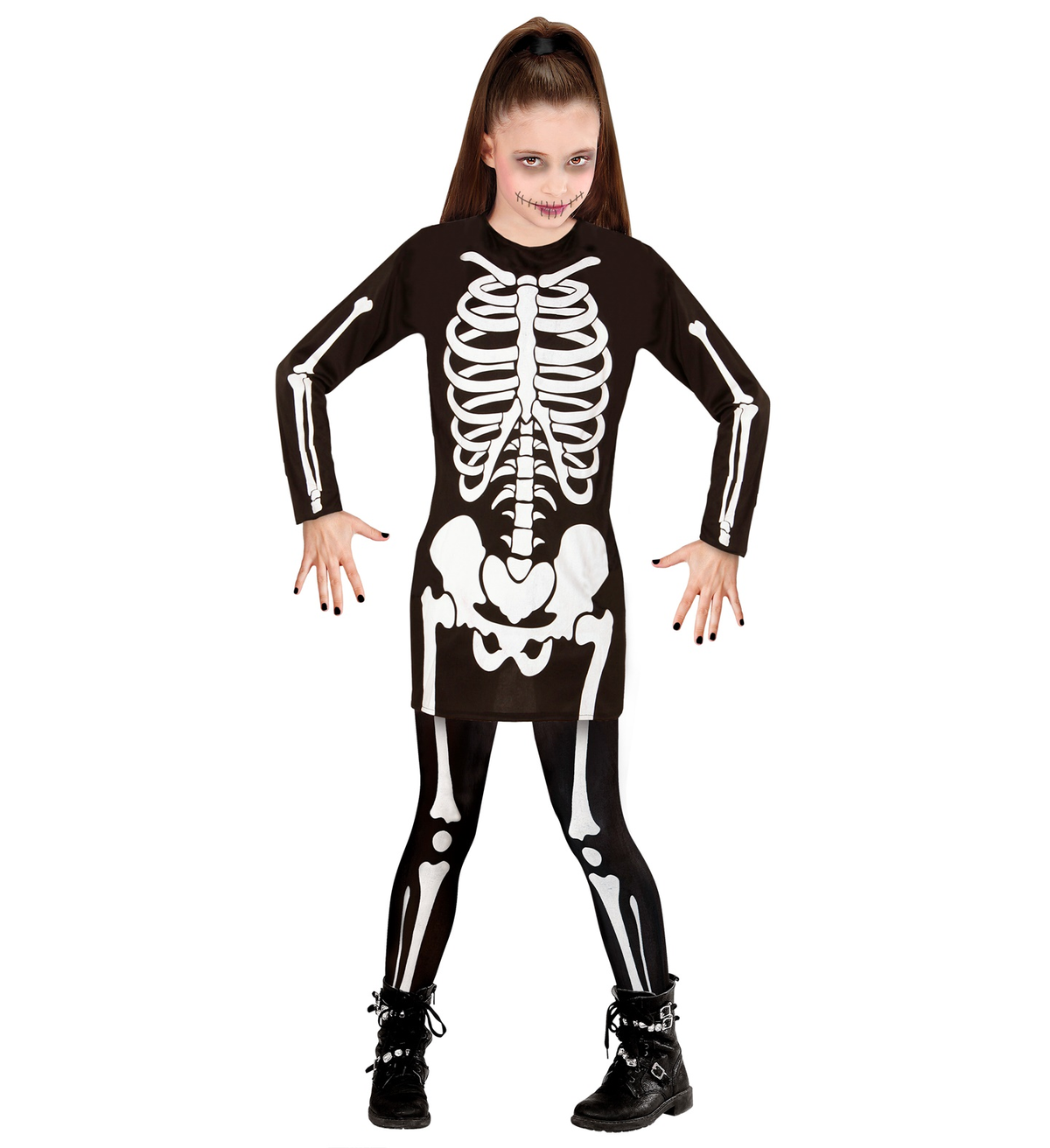 Costume Vestito Abito Travestimento Carnevale Halloween Bambina Scheletro Bianco - 0036