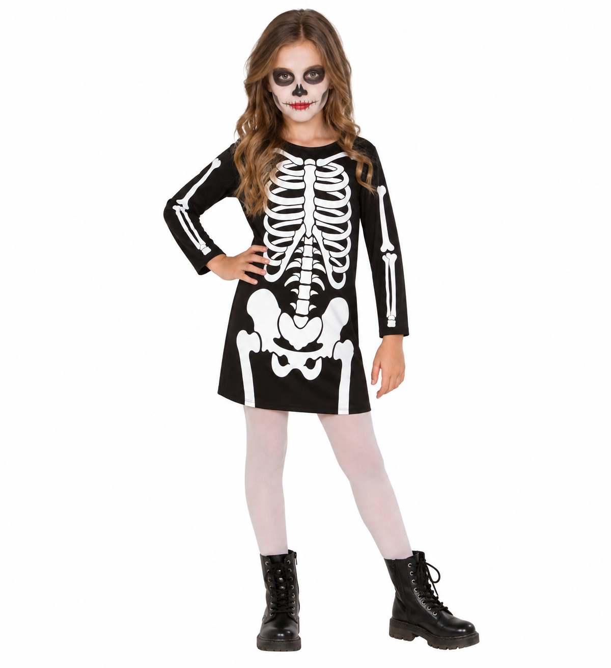 Costume Vestito Abito Travestimento Carnevale Halloween Bambina Scheletro Bianco - 0036