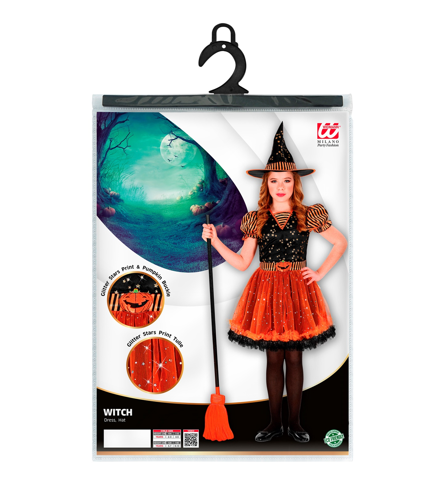 Vestito Carnevale + Accessori Strega Vestito Cappello Scopa in Fili di Lamè Halloween Bambina 2/3 Anni - 0181+52776