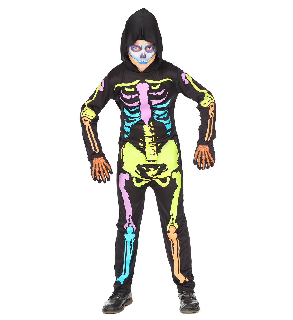Vestito Carnevale + Accessori Scheletro Colorato Tuta Guanti Travestimento Halloween 11/13 Anni - 7027+34275