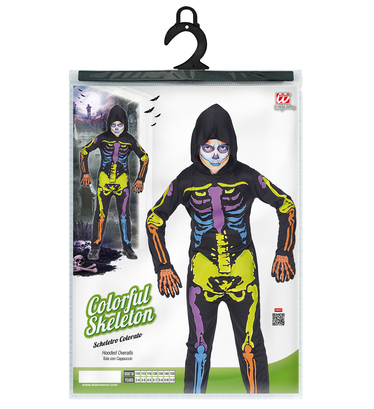 Vestito Carnevale + Accessori Scheletro Colorato Tuta Guanti Travestimento Halloween 8/10 Anni - 7027+34275