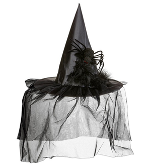 Cappello Strega con Tulle Piume e Ragno Accessori Carnevale Halloween - 9395r