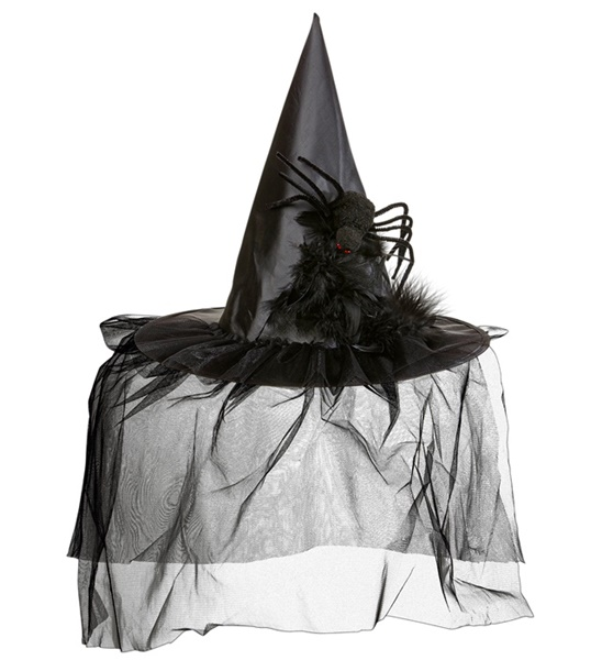 Cappello Strega con Tulle Piume e Ragno Accessori Carnevale Halloween - 9395r