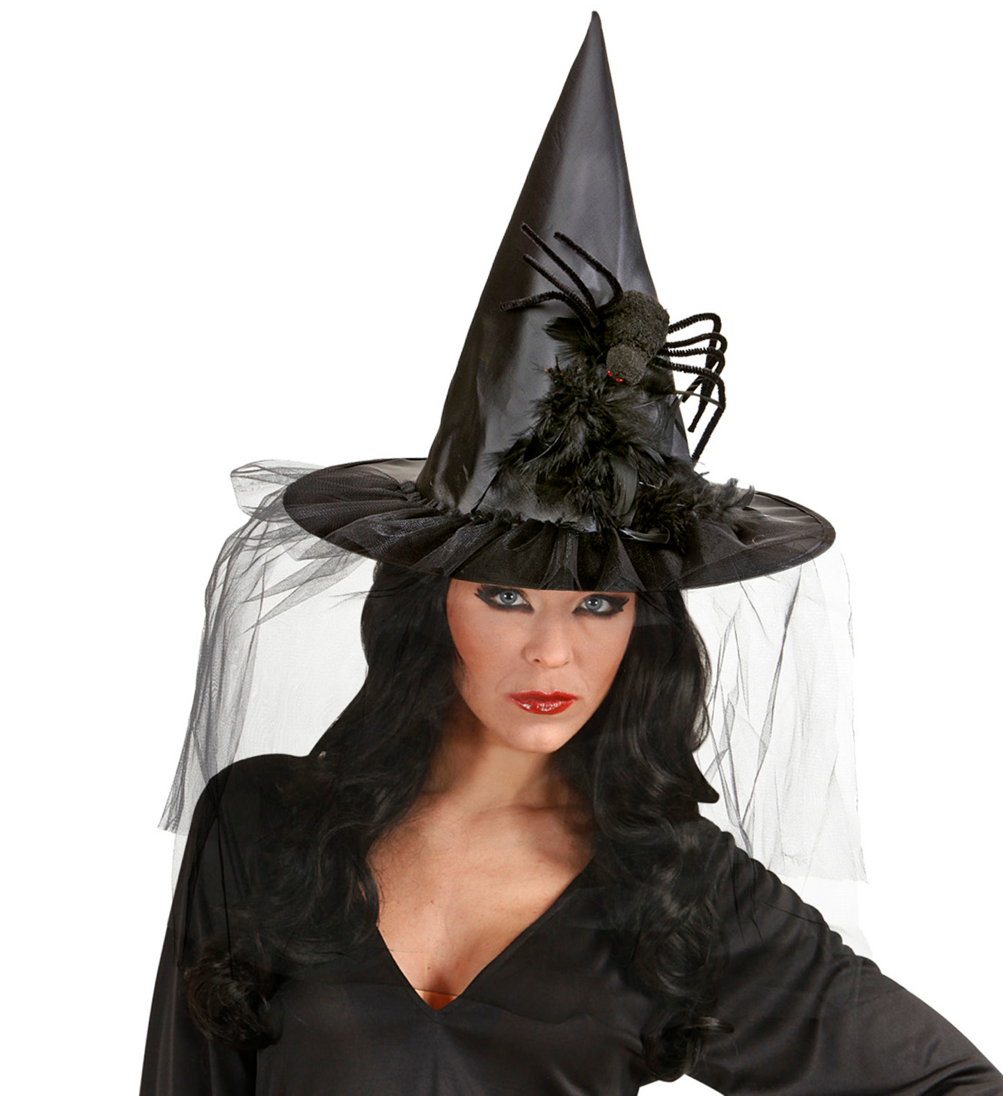 Cappello Strega con Tulle Piume e Ragno Accessori Carnevale Halloween - 9395r