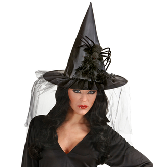 Cappello Strega con Tulle Piume e Ragno Accessori Carnevale Halloween - 9395r