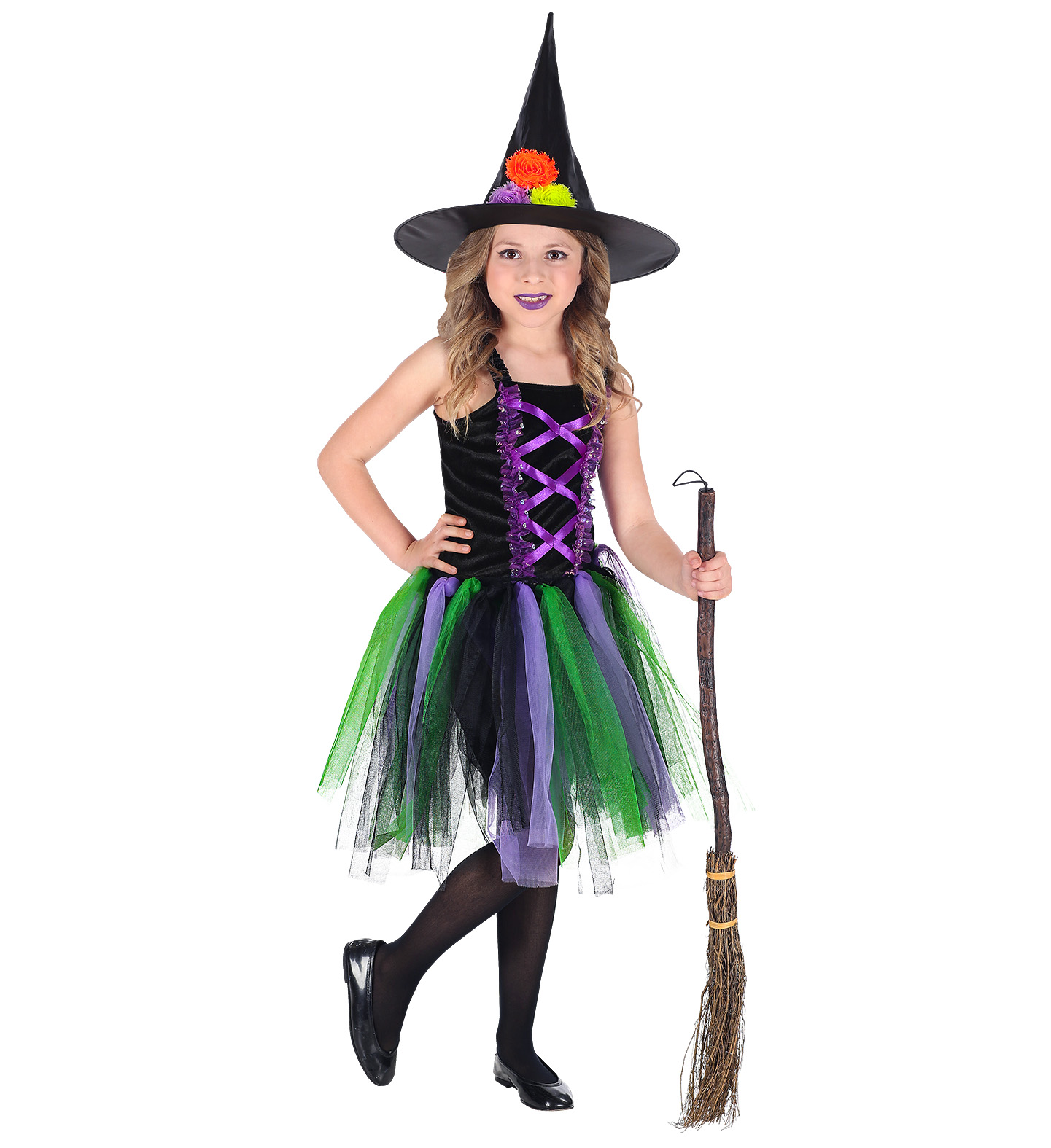 Vestito Carnevale + Accessori Strega Vestito Cappello Scopa Halloween Bambina 3/4 Anni - 96539+03231