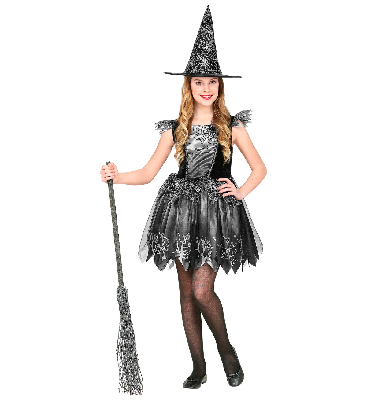 Vestito Carnevale + Accessori Witch Vestito Cappello Scopa Halloween 11/13 Anni - 9736+9835w