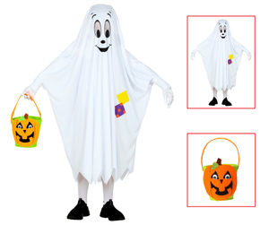 Vestito Carnevale + Accessori Fantasma Poncho Cestino Borsetta Zucca Travestimento Halloween