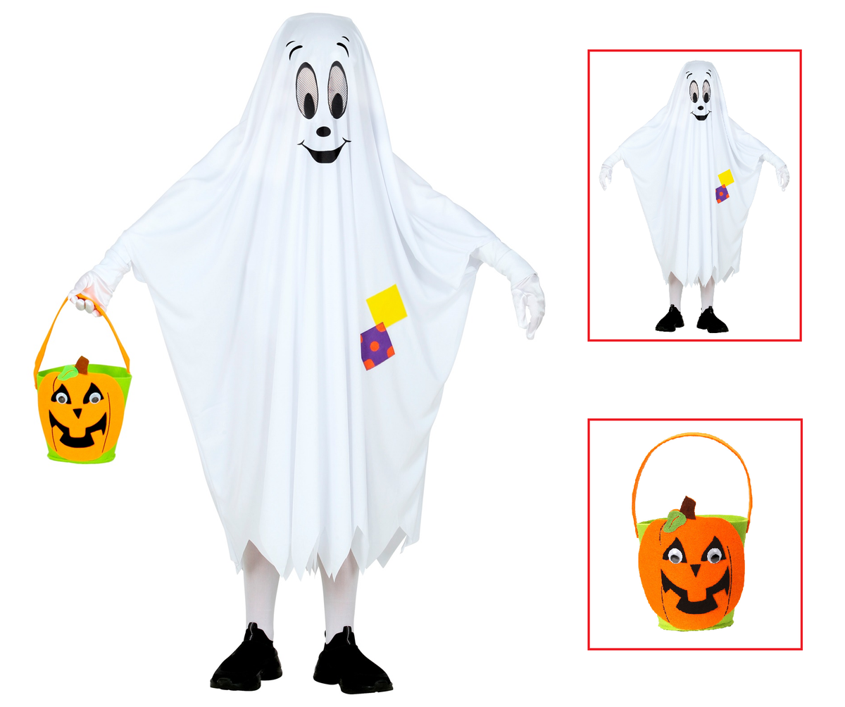 Vestito Carnevale + Accessori Fantasma Poncho Cestino Borsetta Zucca Travestimento Halloween