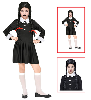 Vestito Carnevale + Accessori Dark Girl Vestito Parrucca Travestimento Halloween