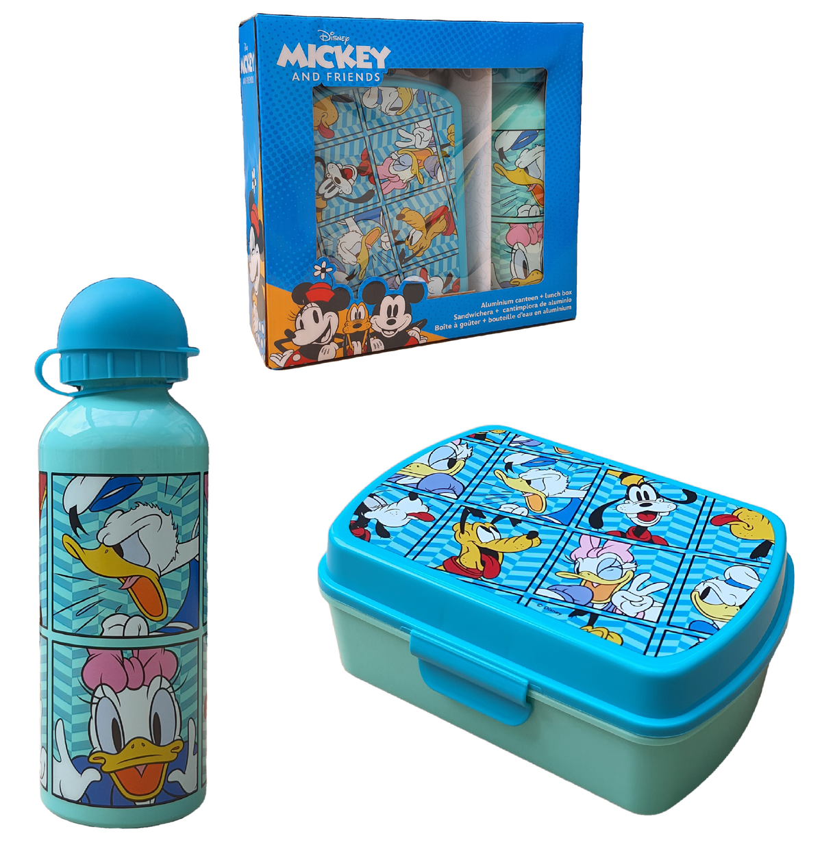 Set DISNEY Friends Paperino Pippo Pluto Paperina Borraccia in Alluminio + Portamerenda in Confezione -  Mf0001