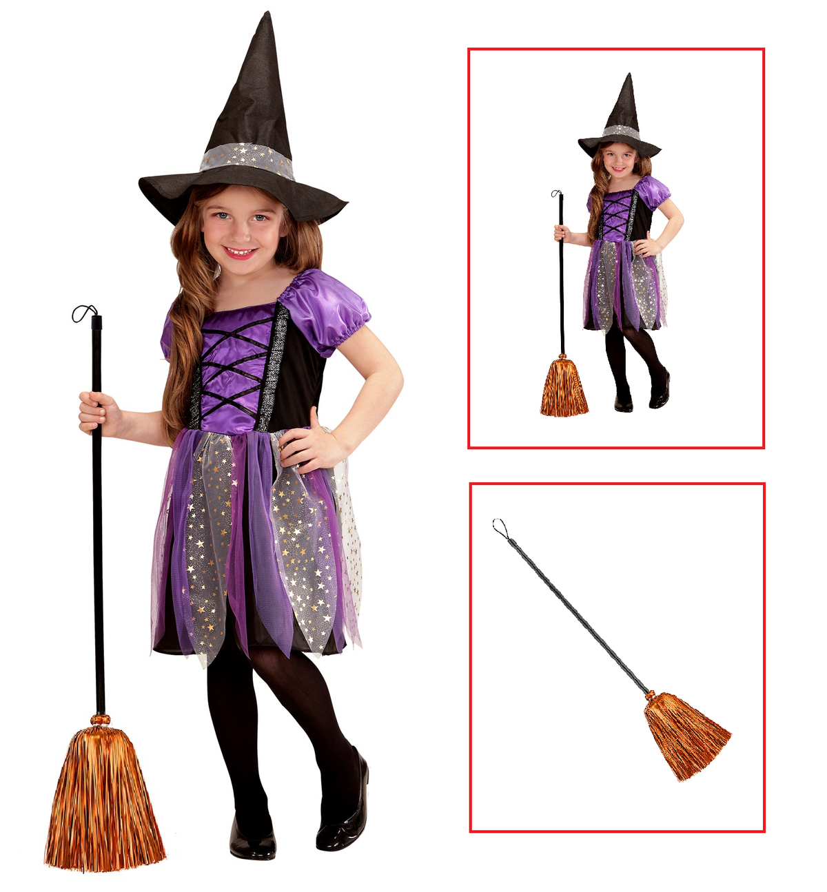 Vestito Carnevale + Accessori Strega Vestito Cappello Scopa in Fili di Lamè Halloween Bambina 4/5 Anni - 0026+52776