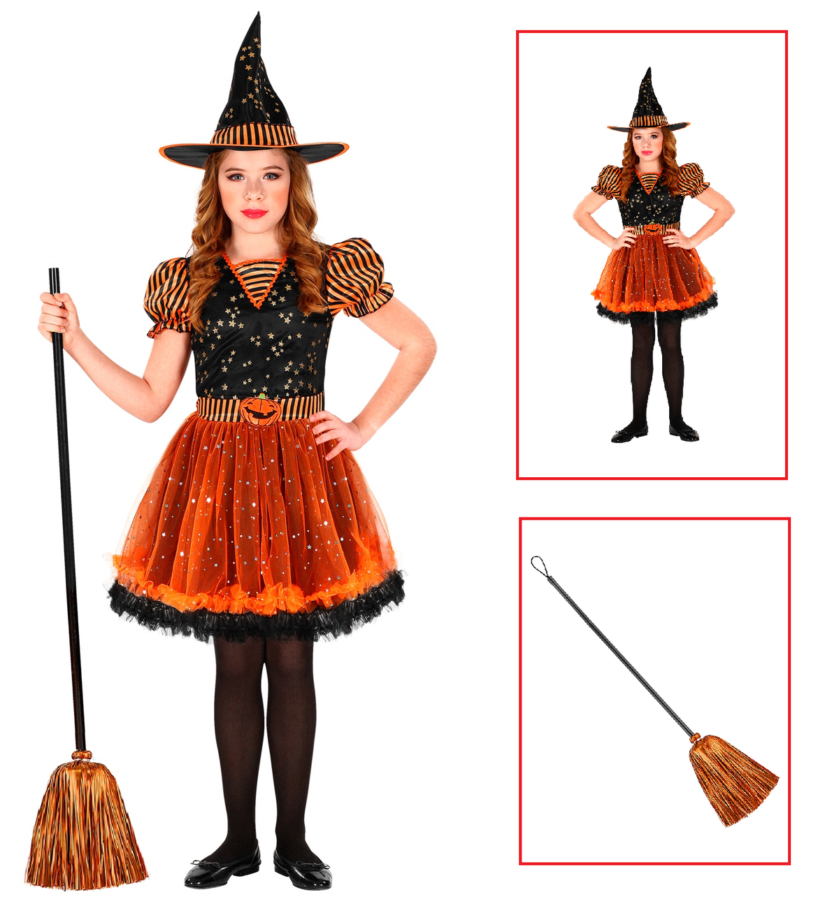 Vestito Carnevale + Accessori Strega Vestito Cappello Scopa in Fili di Lamè 8/10 Anni Halloween Bambina - 0181+52776