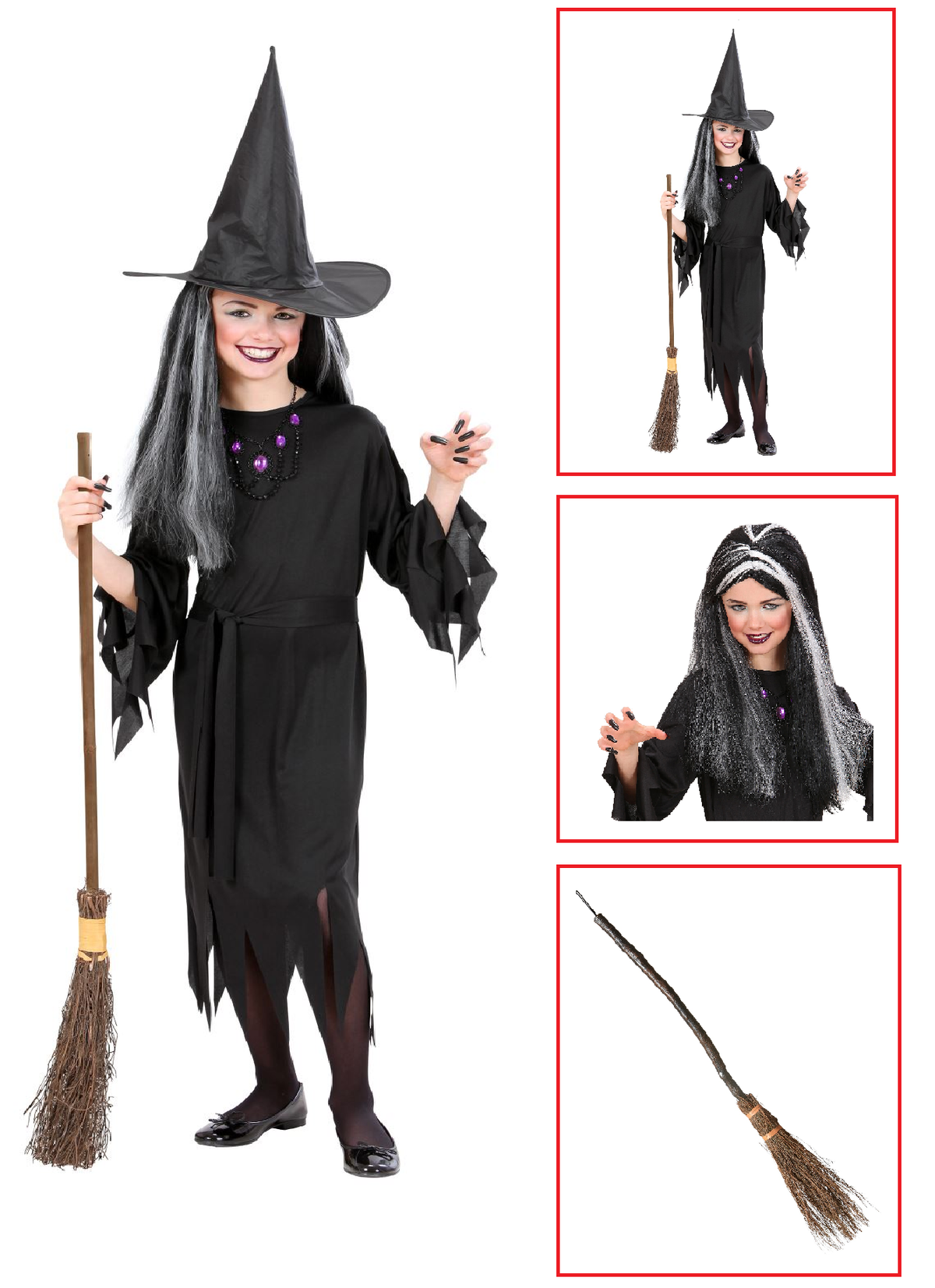 Vestito Carnevale + Accessori Strega Vestito Cappello Scopa Parrucca 5/7 Anni Halloween Bambina - 0250+6279s+9835w