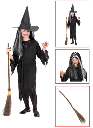 Vestito Carnevale + Accessori Strega Vestito Cappello Scopa Parrucca 2/3 Anni Halloween Bambina - 0250+6279s+9835w