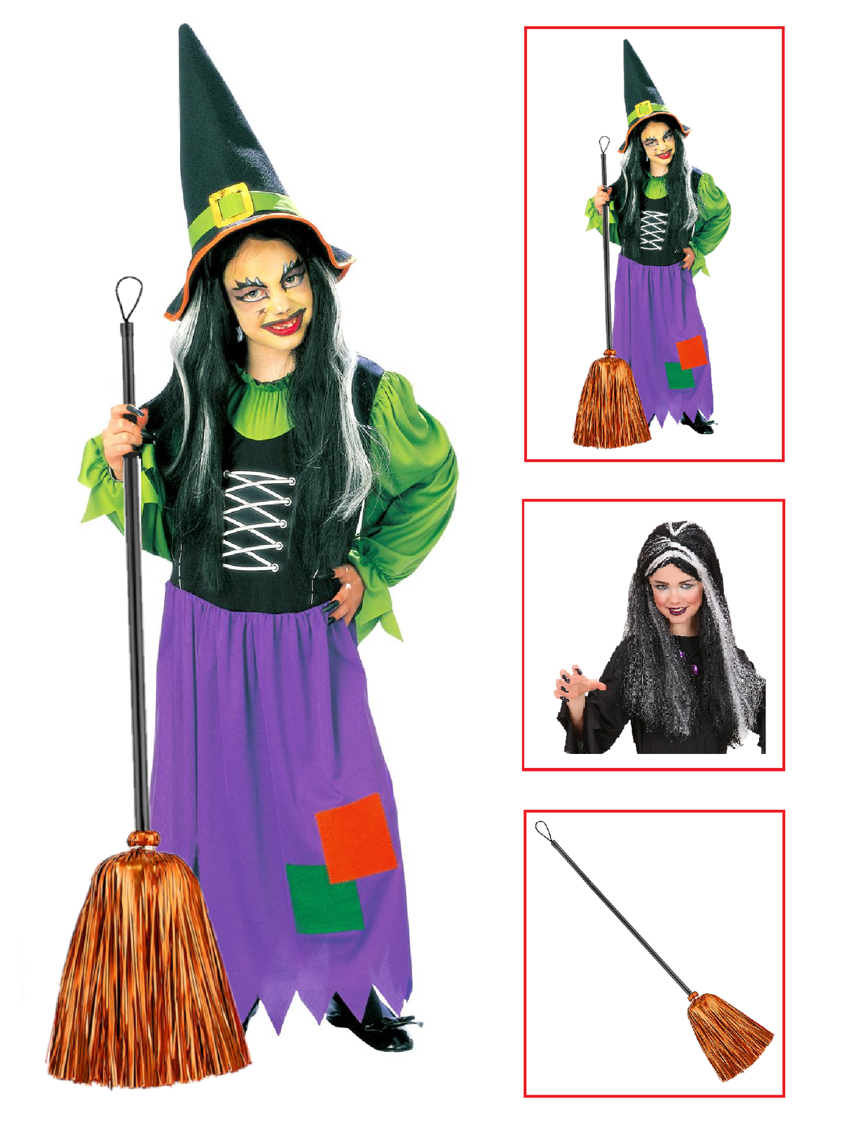 Vestito Carnevale + Accessori Strega Vestito Cappello Scopa Parrucca 5/7 Anni Halloween Bambina - 3857+6279s+52776