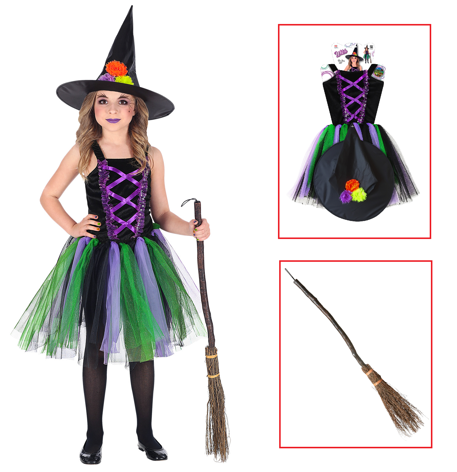 Vestito Carnevale + Accessori Strega Vestito Cappello Scopa 3/4 Anni Halloween Bambina - 96539+9835w