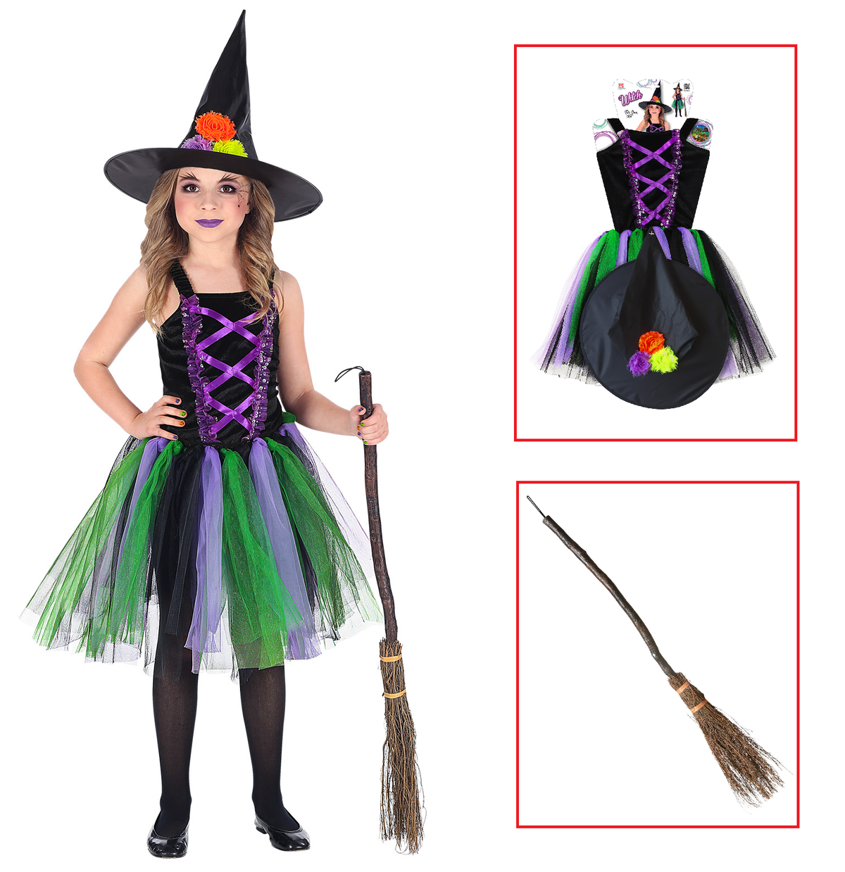 Vestito Carnevale + Accessori Strega Vestito Cappello Scopa 3/4 Anni Halloween Bambina - 96539+9835w