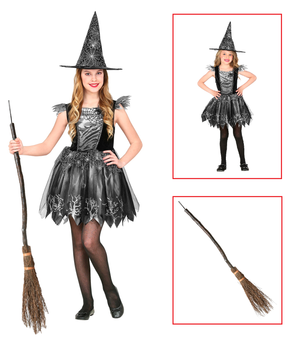 Vestito Carnevale + Accessori Witch Vestito Cappello Scopa Halloween 11/13 Anni - 9736+9835w