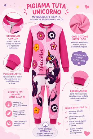 Pigiama Tutone Lungo Unicorno 100% Cotone Interlock - Uni0112rosa
