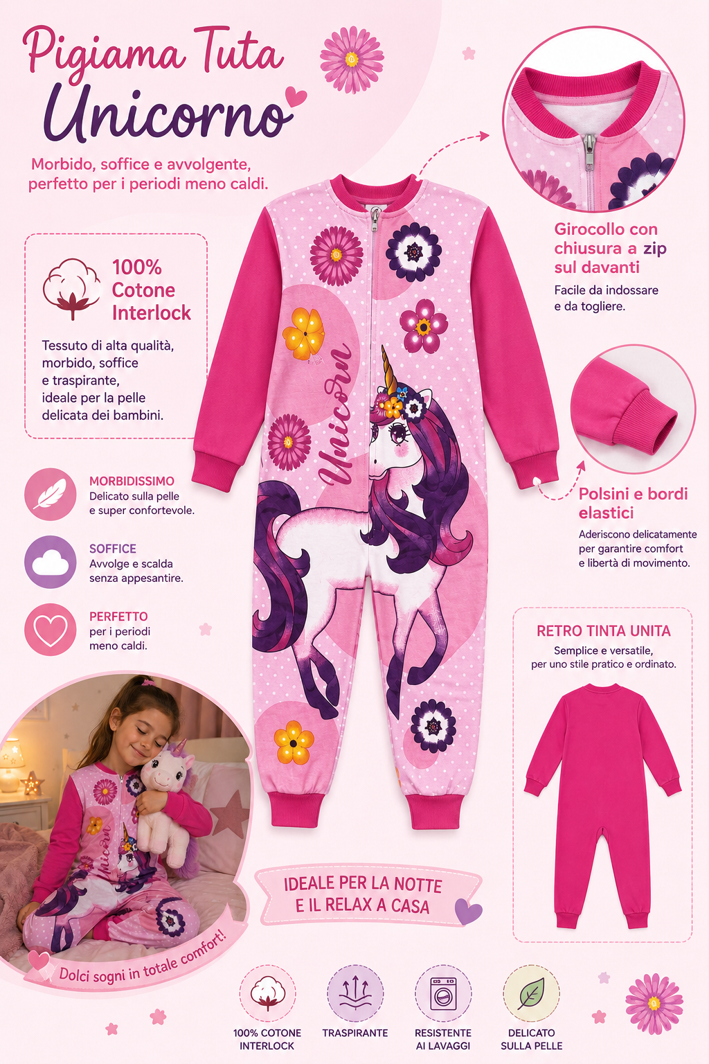 Pigiama Tutone Lungo Unicorno 100% Cotone Interlock - Uni0112fuxia