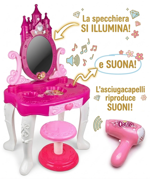 Specchiera con Luci e Suoni Tavolino Sgabello Gioielli in Confezione Regalo - Toy0273