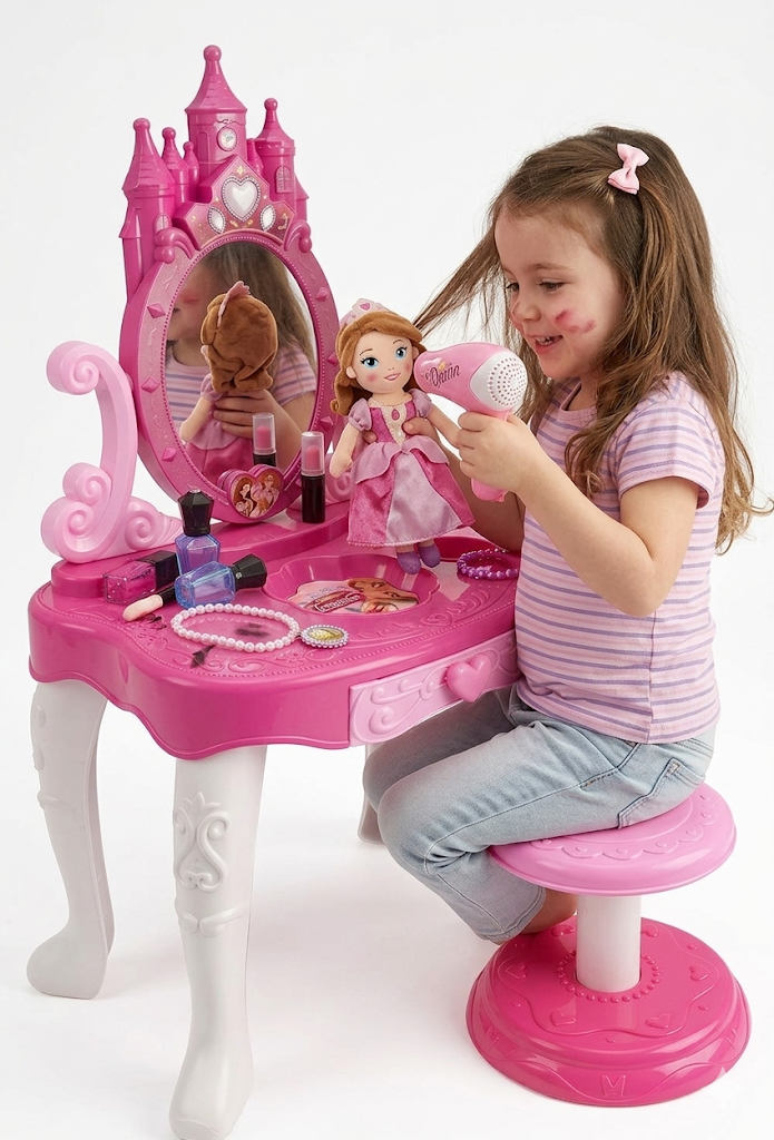 Specchiera con Luci e Suoni Tavolino Sgabello Gioielli in Confezione Regalo - Toy0273